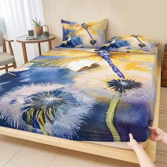 Cal.King Size Fitted Sheet Set - Yellow Dragonfly 3 Piece Bedding Sets 16" Deep Pocket Fitted Sheet with 2 Pillowcases, Watercolor Spring Floral Summer Botanical Brushed Microfiber Hotel Bed Sheets