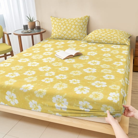 Cal.King Size Fitted Sheet Set - Yellow Flowers 3 Piece Bedding Sets 16" Deep Pocket Fitted Sheet with 2 Pillowcases, Country Botanical Blossom Floral Plants Brushed Microfiber Hotel Bed Sheets