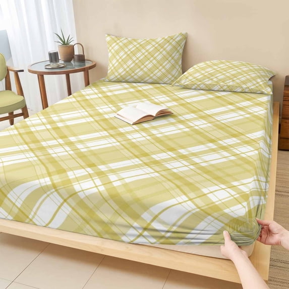 Cal.King Size Fitted Sheet Set - Yellow Plaid 3 Piece Bedding Sets 16" Deep Pocket Fitted Sheet with 2 Pillowcases, White Stripes Modern Grids Geometric Brushed Microfiber Hotel Luxury Bed Sheets