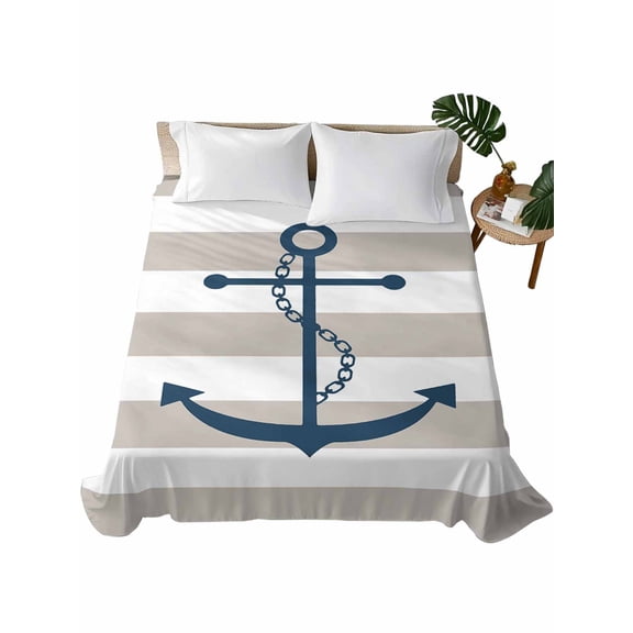 Cal King Size Flat Sheet Only, Beige White Striped Soft Brushed Microfiber Bed Sheets, Navy Blue Beach Nautical Anchor Ocean Coastal Hotel Quality Breathable Bedding Top Sheet, Easy Care, 108"x98"