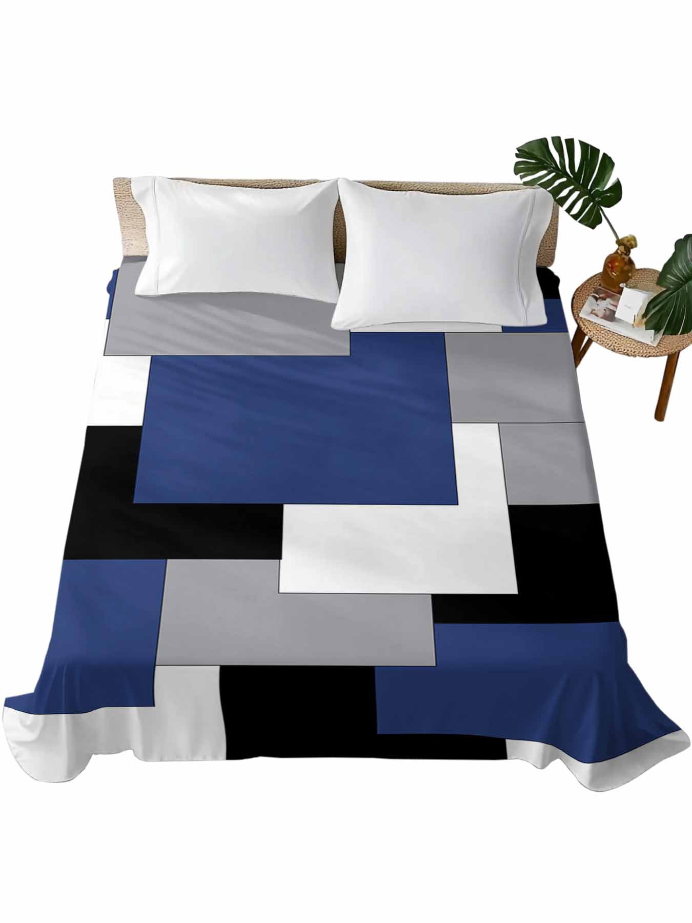 Cal King Size Flat Sheet Only, Navy Blue Grey Black Geometric Soft ...