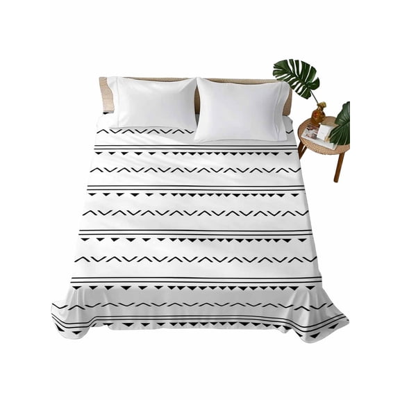 Cal King Size Flat Sheet Only, White Geometric Abstract Art Soft Brushed Microfiber Bed Sheets, Modern Black Stripes Triangle Arrow Hotel Quality Breathable Bedding Top Sheet, Easy Care, 105"x98"