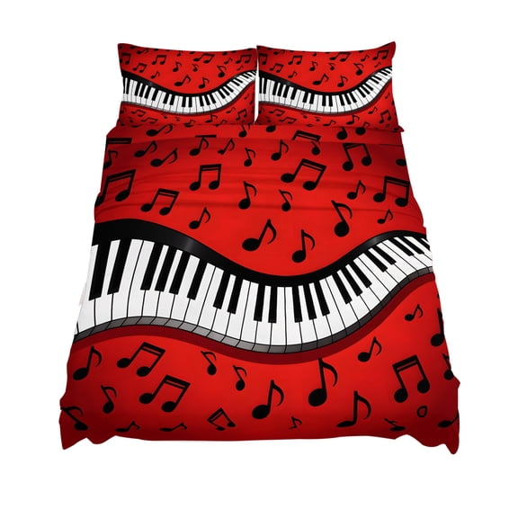 Cal King Size Piano Music Note Sheet Sets Abstract Black White Piano Keys Modern Musical Note Red Soft Microfiber Bed Sheets 4 Piece Bed Sheets Set, 1 Fitted Sheet, 1 Flat Sheet & 2 Pillowcases