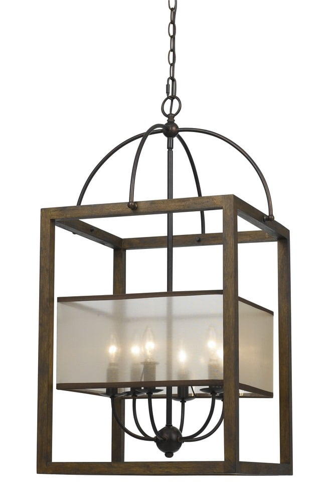 Rustic Dark Bronze and Wood Rectangular Chandelier