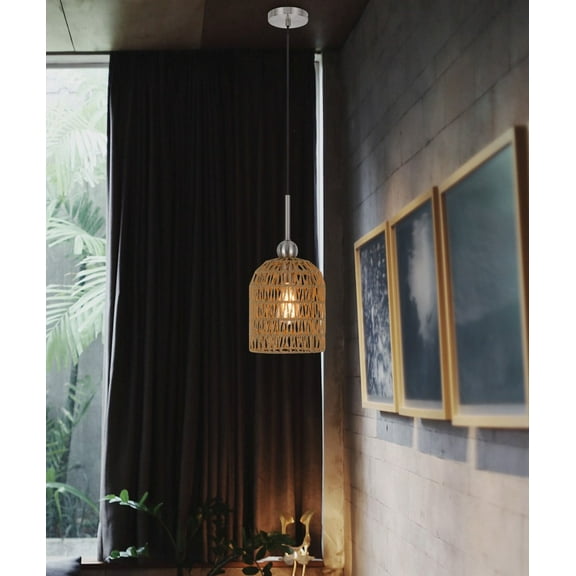 Cal Lighting Depok 1-Light Metal & Rope Wood Pendant Fixture in Burlap Brown