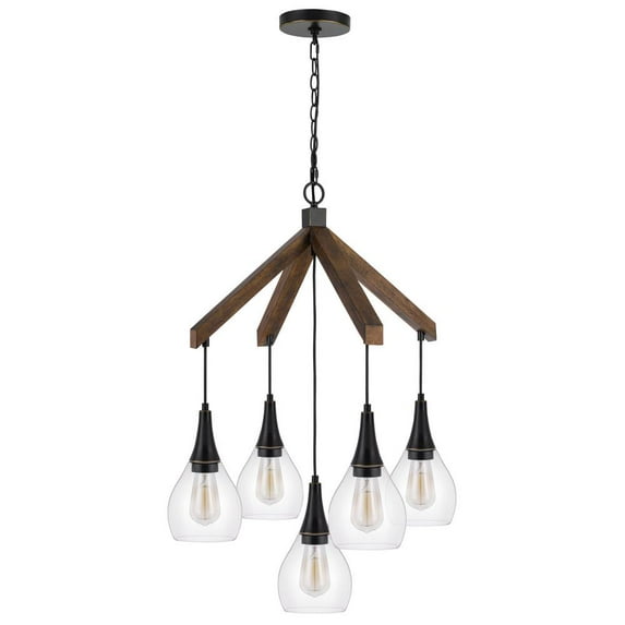 Cal Lighting 60W X 5 Watkins Rubber Wood Chandelier With Hanging Glass Shades
