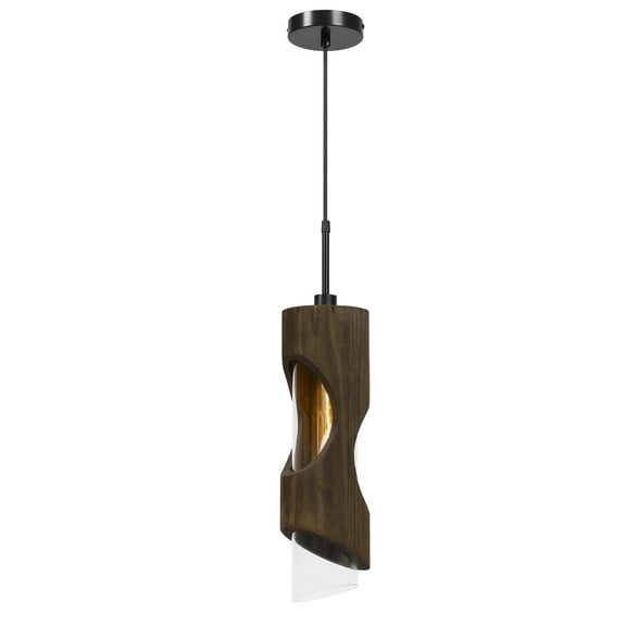 Cal Lighting Zamora 1-Light Wood Pendant with Glass Shade in Brown/Black