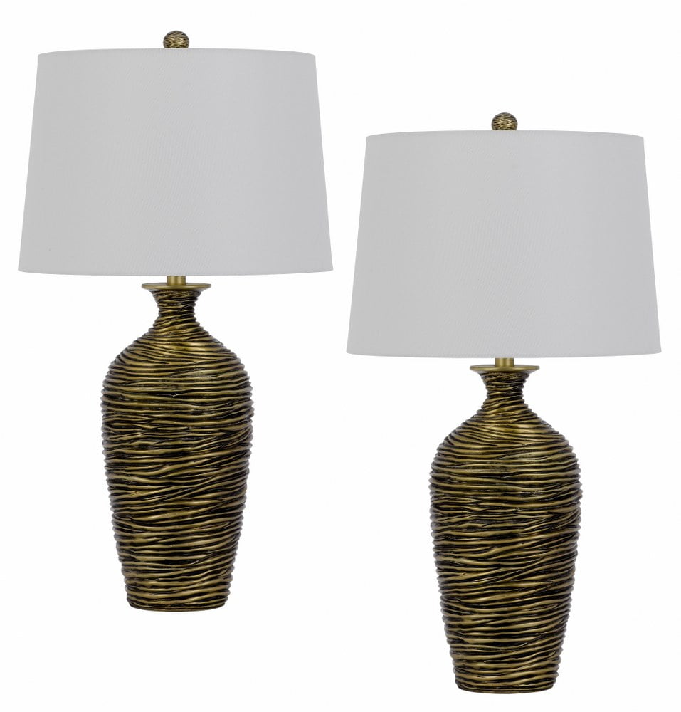 Antique Bronze 3-Way Resin Table Lamp Set with Fabric Shades