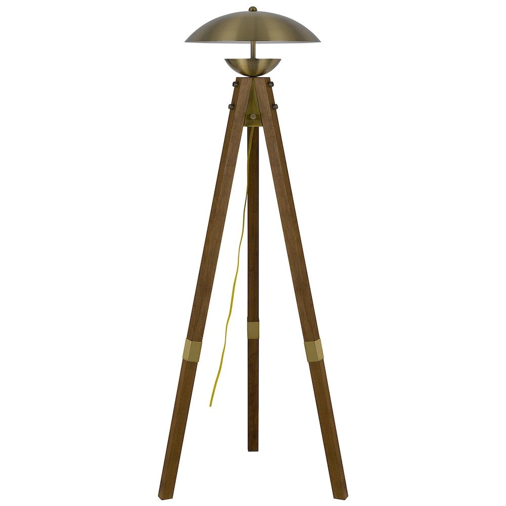 Lakeland Antique Brass Tripod Floor Lamp with Wood Finish