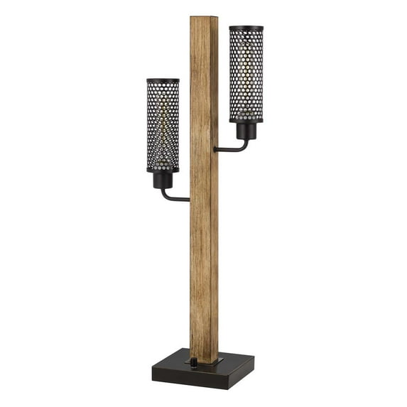 Cal Lighting Lenox 2-Light Wood Table Lamp with Mesh Shade in Light Oak/Black