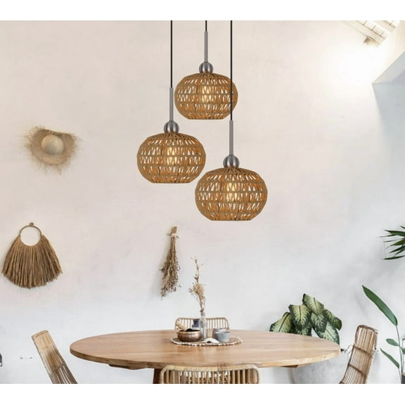 Cal Lighting Medan 1-Light Metal & Rope Wood Pendant Fixture in Brown/Silver