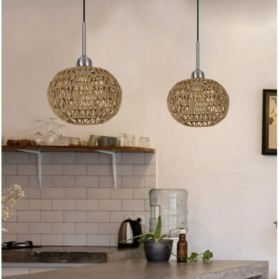 Cal Lighting Medan 1-Light Metal & Rope Wood Pendant Fixture in Brown/Silver