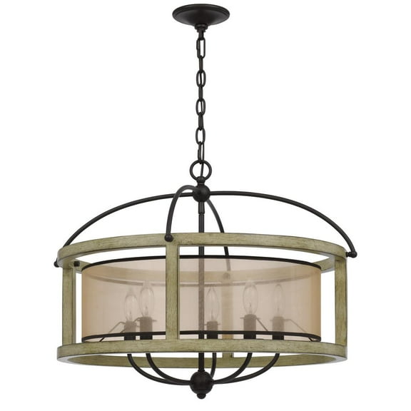 Cal Lighting Palencia Rubber Wood Round Chandelier With Organza Shade