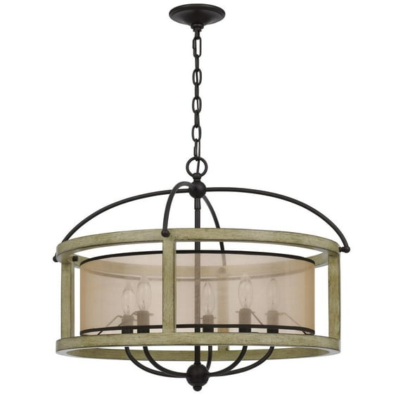 Cal Lighting Palencia Rubber Wood Round Chandelier With Organza Shade