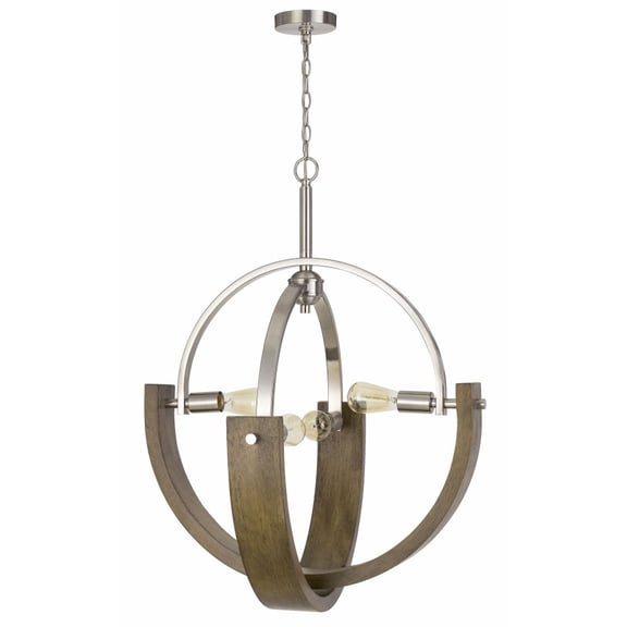 Cal Lighting Rauma 4-Light Metal & Wood Chandelier in Brushed Steel Silver/Brown