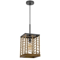 Cal Lighting Winfall 60W metal with birch wood bottom trim square pendant with burlap roped shade