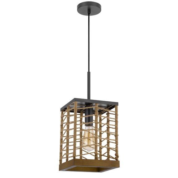 Cal Lighting Winfall 60W metal with birch wood bottom trim square pendant with burlap roped shade