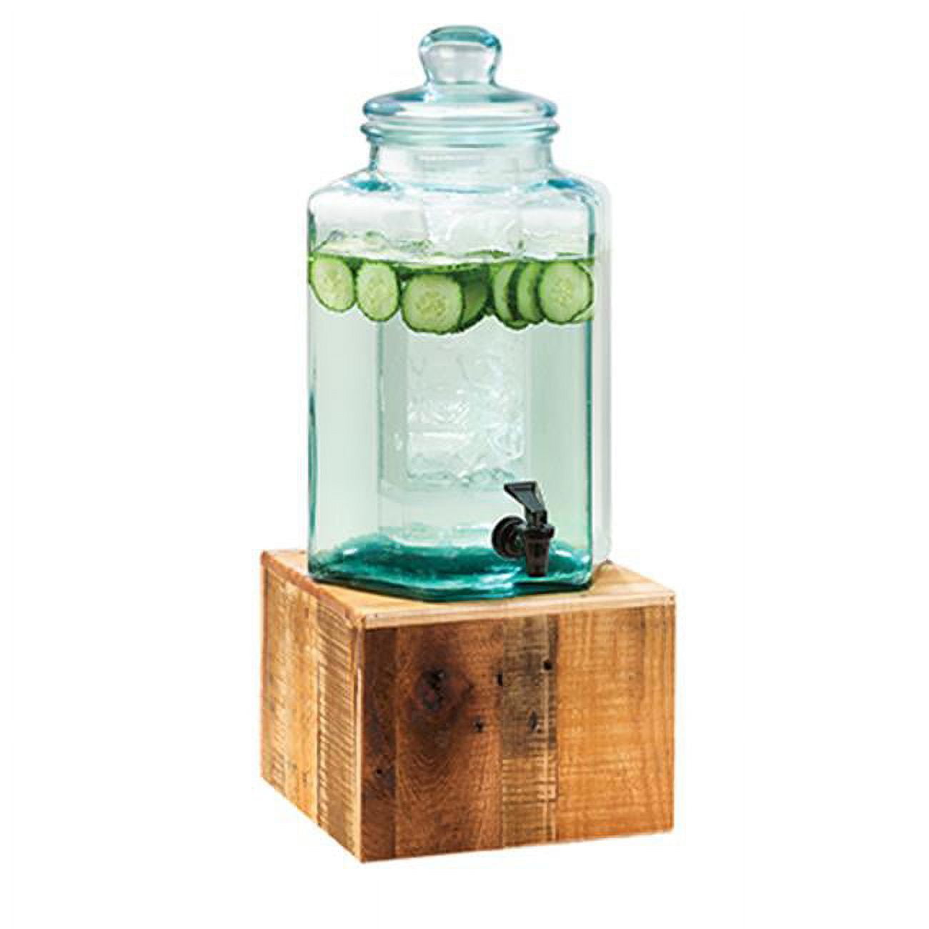 Madera 2 Gallon Green Glass Beverage Dispenser with Wooden Base