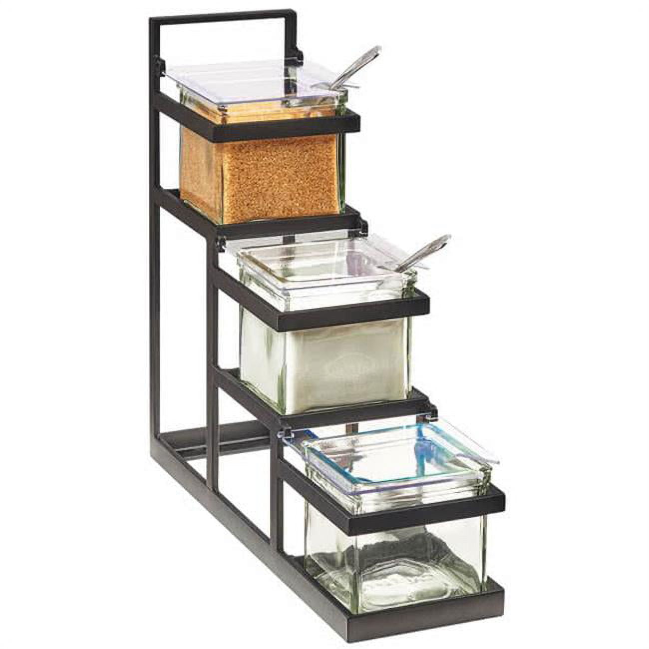 Cal Mil 3605-13 3-Step Black Condiment Display with 3 Glass Jars - 14. ...