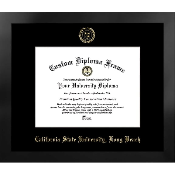 Cal State Long Beach 11w x 8.5h Manhattan Black Single Mat Gold Embossed Diploma Frame with Bonus Campus Images Lithograph (value savings at $59)
