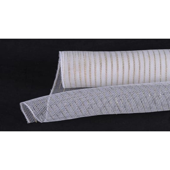 CalCastle Craft 21" x 10 Yards (30 ft) Poly Mesh Roll with Metallic Trim for Gift Wrapping and Decorating (White-Gold)