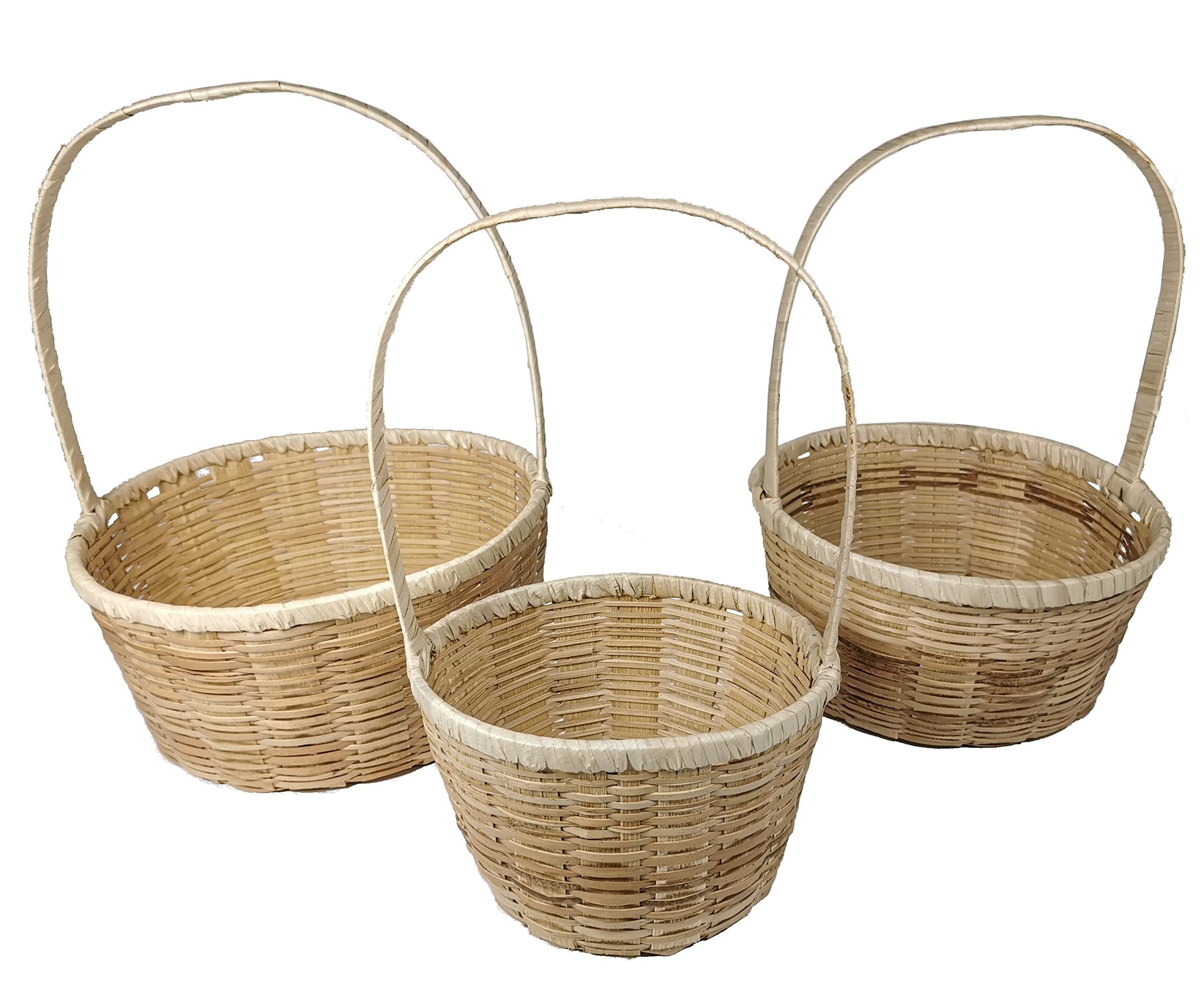 CalCastle Craft Bamboo Baskets with handle Gift Baskets, Woven Bread Roll Baskets, Food Serving Baskets, Natural Bamboo Material (Round Set - 3 pcs)