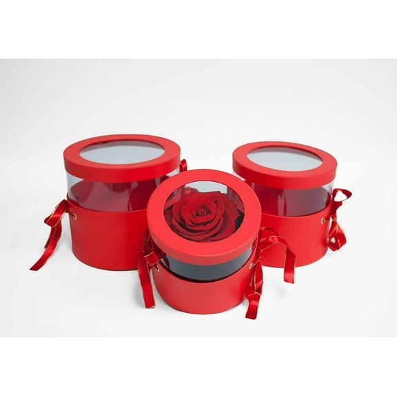 CalCastle Craft Red Round Cylinder Gift Wrap Box Small Purse Design with Red Silk Straps with Gold Trim and Large Window Display Lid (Large)