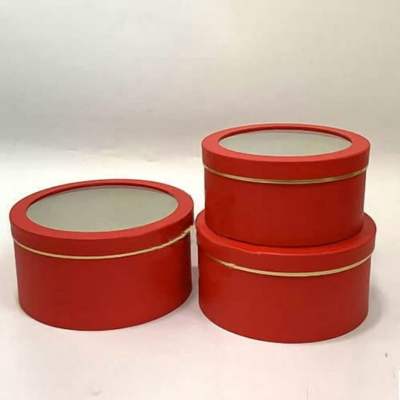 CalCastle Craft Red Round Gift Wrap Box with Large Clear Display Window Lid (Set of 3)