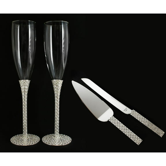 CalCastle Craft Silver Plated Diamond Wedding Toasting Glass with Knife and Cake Server Set Personalized Engraved
