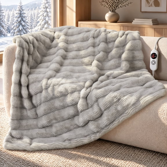 CalFancy Heated Blanket 50"x60", Luxury Faux Fur Electric Blanket with 6 Heat Levels, 1-4H Timer, ETL&FCC Certified, OEKO-TEX Fabric, Fast Heating, Machine Washable, Gray
