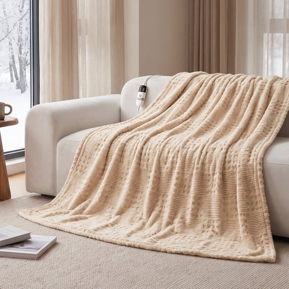 CalFancy Heated Blanket 50"x72", Oversized Electric Blanket with Ultra Soft Taffeta & Sherpa, Waffle Texture Design, 6 Heat Levels, 4H Timer, ETL&FCC Certified, OEKO-TEX Fabric, Light Brown