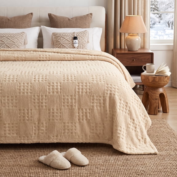 CalFancy Heated Blanket Full Size, 72" x 84" Electric Blanket with Ultra Soft Taffeta & Sherpa, Waffle Texture Design, 10 Heat Levels, 8H Timer, ETL&FCC Certified, Light Brown
