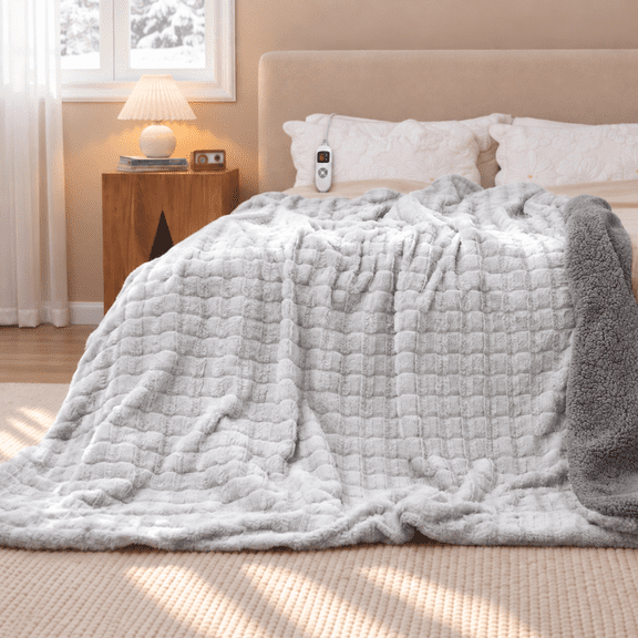 CalFancy Heated Blanket 72" x 84", Soft Faux Fur Full Size Electric Blanket with 6 Heat Settings, 10H Timer, ETL Certified, Machine Washable, Gray