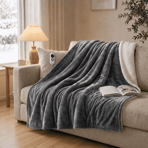 CalFancy Heated Blanket 50"×72", Oversized Electric Blanket with 6 Heat Levels, 4H Timer, ETL & FCC Certified, Fast Heating, OEKO-TEX Fabric, Gray