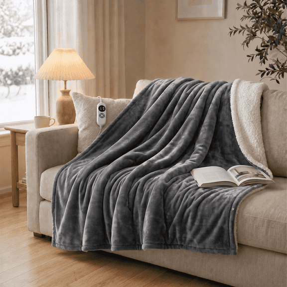 Calfancy Heated Blanket 50"×72", Oversized Electric Blanket with 6 Heat Levels, 4H Timer, ETL & FCC Certified, Fast Heating, OEKO-TEX Fabric, Gray