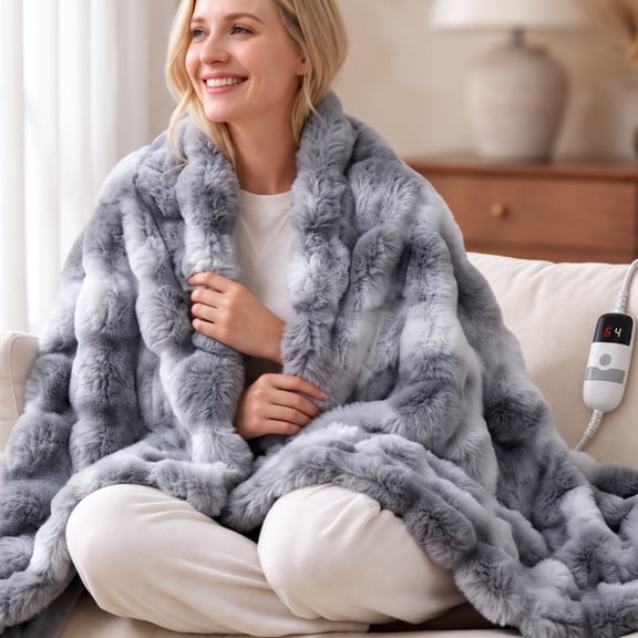 CalFancy Heated Blanket 50" x 60", Luxury Faux Fur Electric Blanket with Bubble Texture, 6 Heat Settings, 4H Timer, Machine Washable, Tie Dye Gray