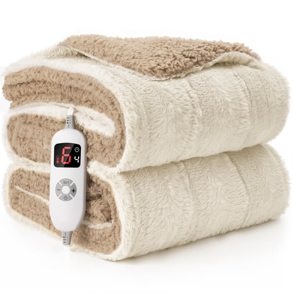 CalFancy Heated Blanket 50" x 60", Luxury Faux Fur Electric Blanket with 6 Heat Settings, 4H Timer, OEKO-TEX Fabric, Fast Heating & Machine Washable, Beige