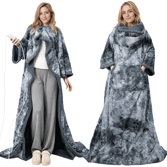 CalFancy Wearable Heated Blanket with Sleeves, Hood and Foot Pockets, 50" x 70" Faux Fur Sherpa Electric Blanket, 10 Heat Levels, 8H Timer, Fast Heating, Machine Washable, Tie-Dye Gray