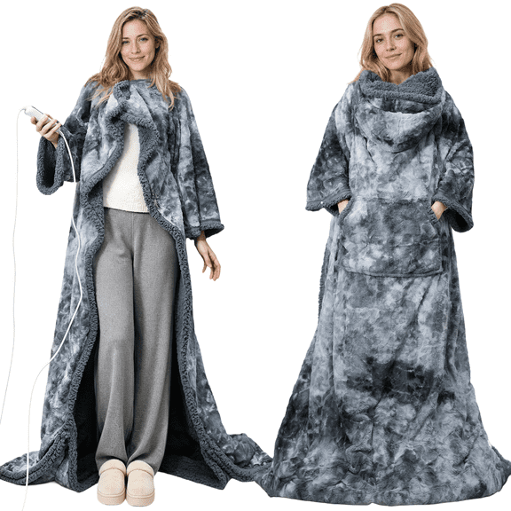 CalFancy Wearable Heated Blanket with Sleeves, Hood and Foot Pockets, 50" x 70" Faux Fur Sherpa Electric Blanket, 10 Heat Levels, 8H Timer, Fast Heating, Machine Washable, Tie-Dye Gray