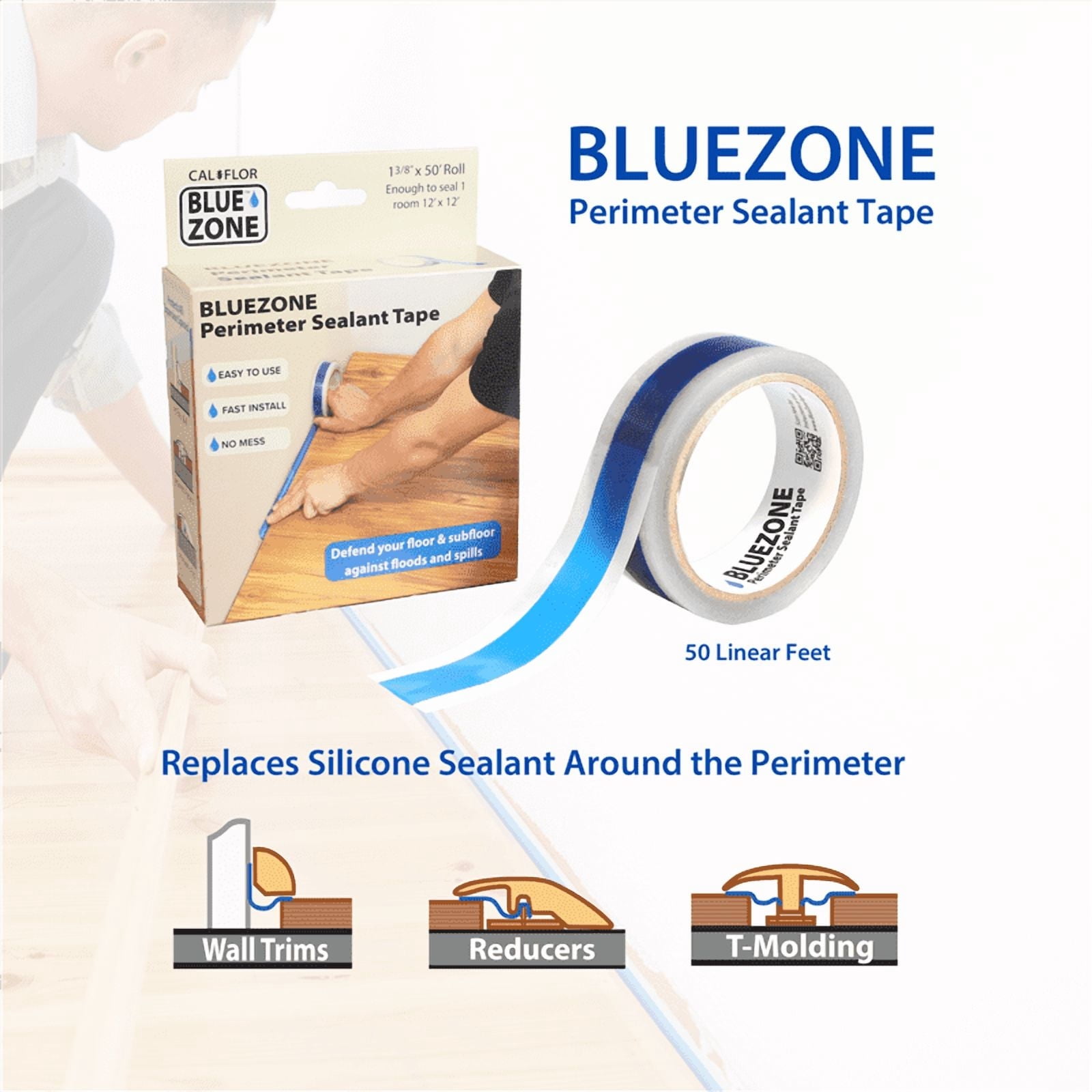 CalFlor TA82350 BlueZone Perimeter Sealant Tape, for installing Wood, Laminate, Vinyl & Hybrid Flooring where an expansion space, gap or edge occurs.