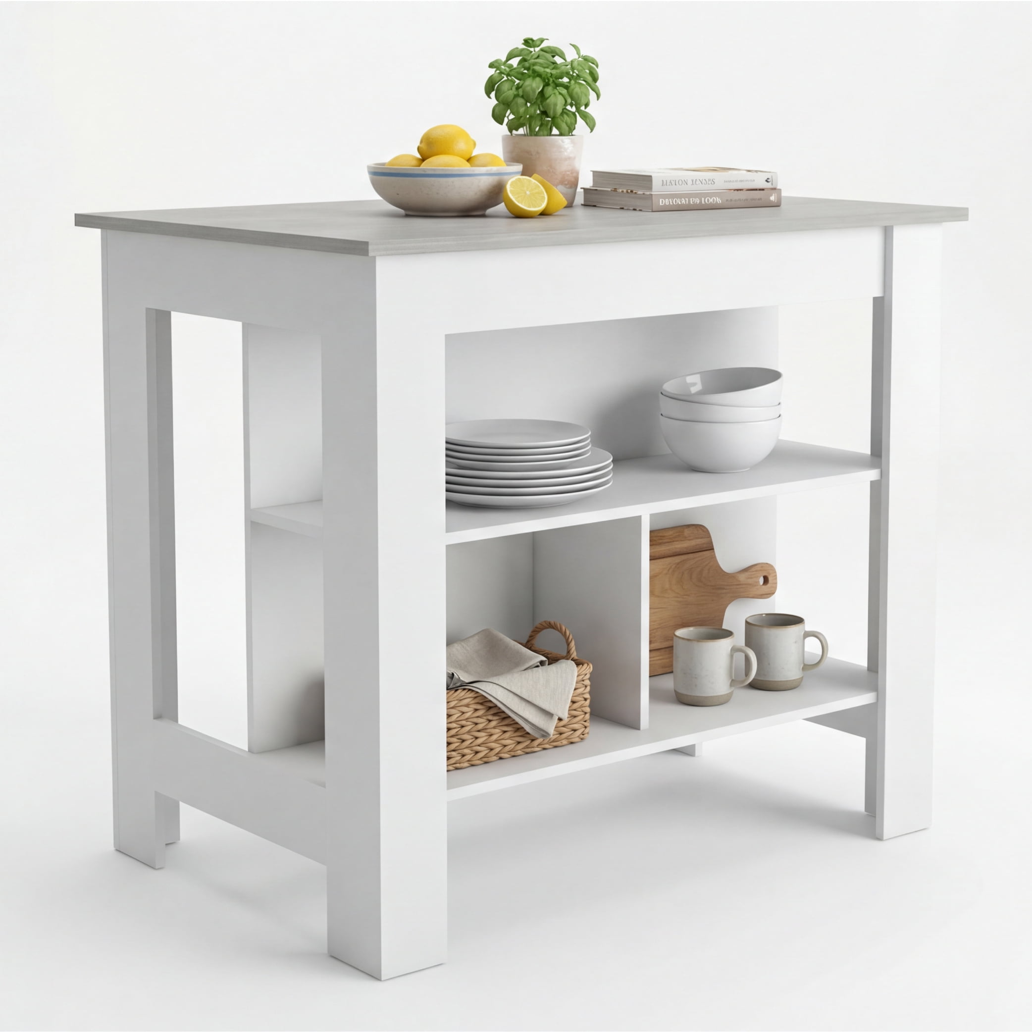 TUHOME Cala Kitchen Island with Antimicrobial Tabletop & 3 Open Shelves, Seating Workstation