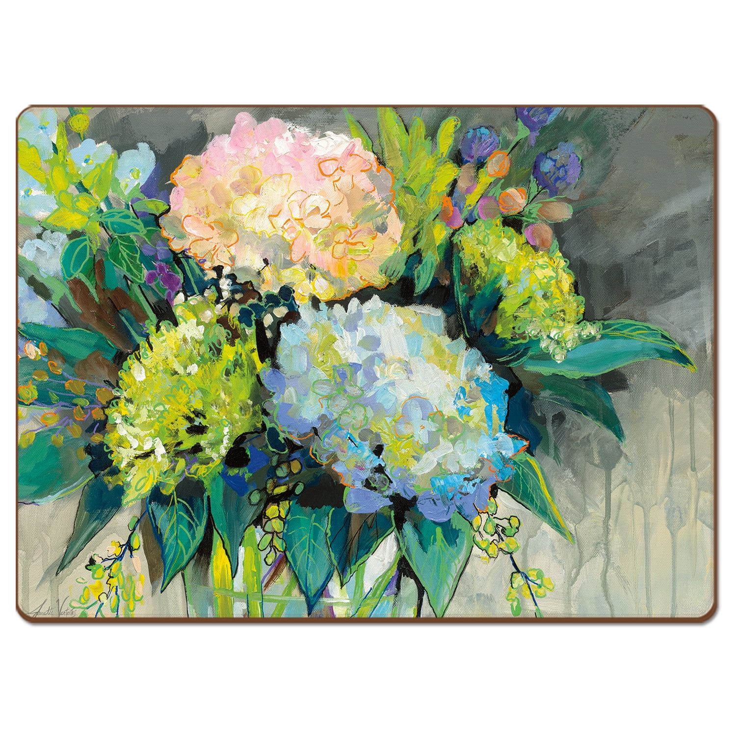 Cala Home "Garden Hydrangeas" Premium Decorative Hardboard Cork Back Tabletop Placemats 4 Pack