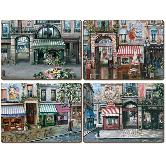 Cala Home "Village Square" Assorted Image Decorative Hardboard Cork Back Tabletop Placemats 4 Pack