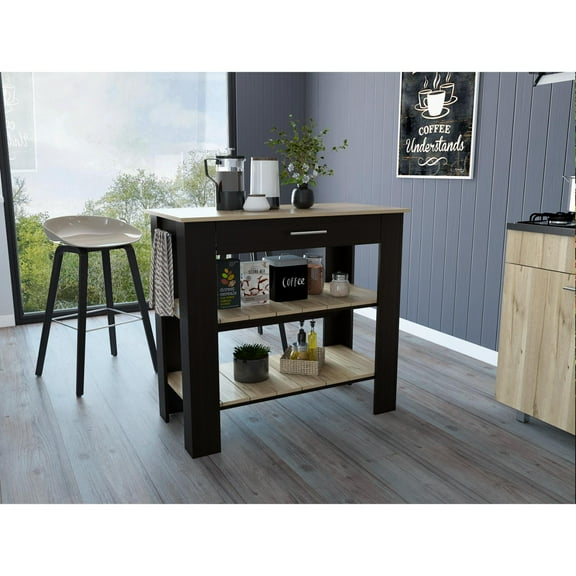 Cala Kitchen Island 40, Two Shelves, One Drawer, Four Legs Black / Light Oak