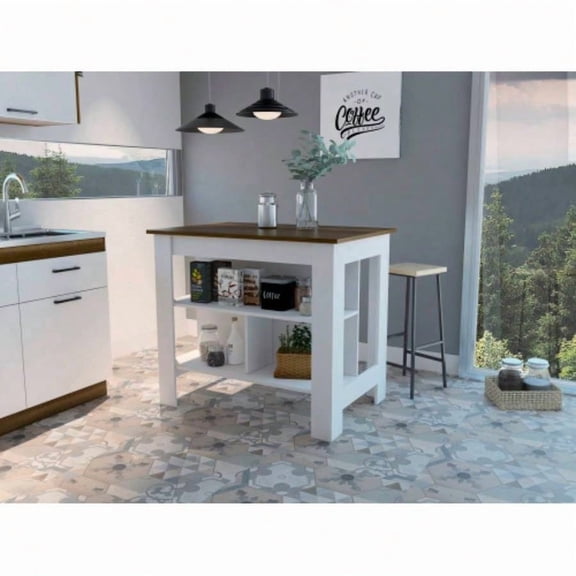 Cala Kitchen Island Unit - White & Walnut Finish, Three Shelves for Storage Perfect Kitchen Centerpiece