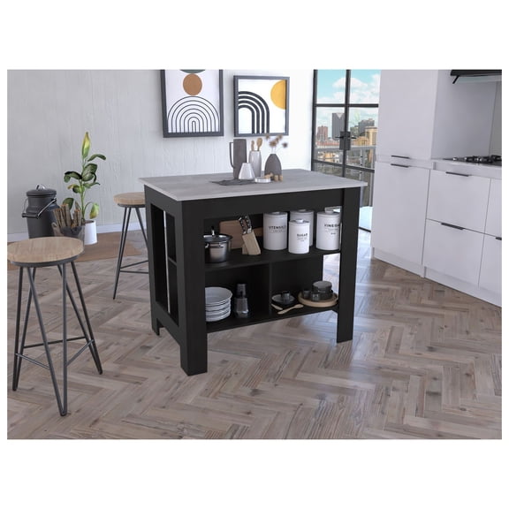 Cala Kitchen Island with Shelves - Black & Ibiza Marble; 3-Tier Storage; Solid Wood Kitchen Cart; Modern Kitchen Table with Breakfast Bar