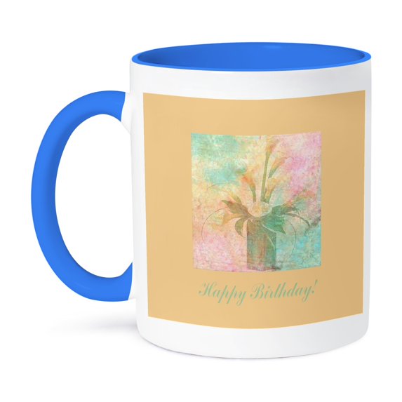 3dRose, Cala Lilies in a Vase, Happy Birthday, 11oz Two-Tone Blue Mug