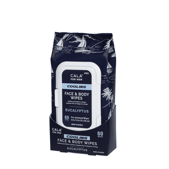Cala MEN'S COOLING FACE & BODY WIPES: EUCALYPTUS (60 SHEETS) - 2 Counts