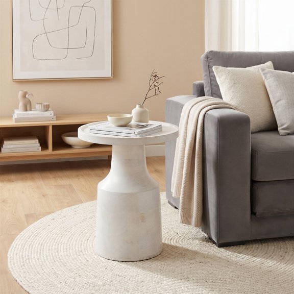 Cala Side Table White End Table, Modern Style, Mango Wood round shape tabletop, Mango Wood, Indoor Living