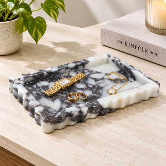 Calacatta Viola Marble Decorative Tray with Scalloped Edge, 13.90 x 8.82 x 2.91 Inches